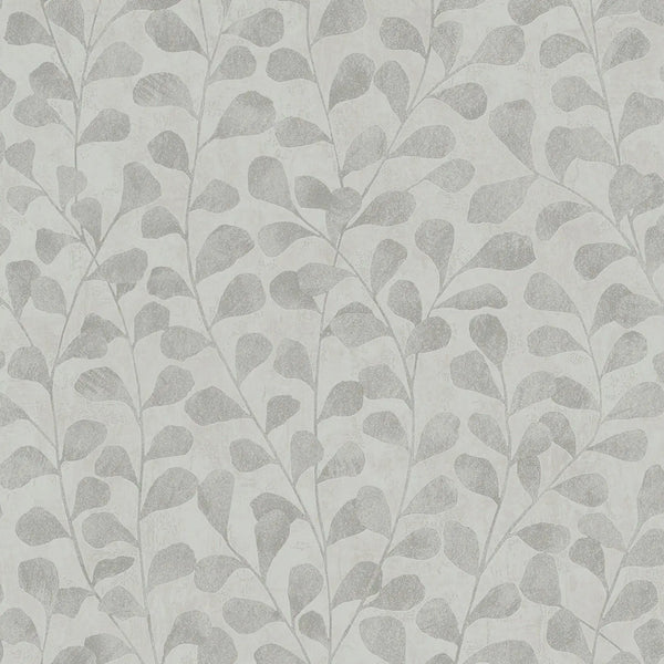 Marburg Naomi 82502 Wallpaper showing a gray botanical design with branching stems and rounded leaves over a light textured background.