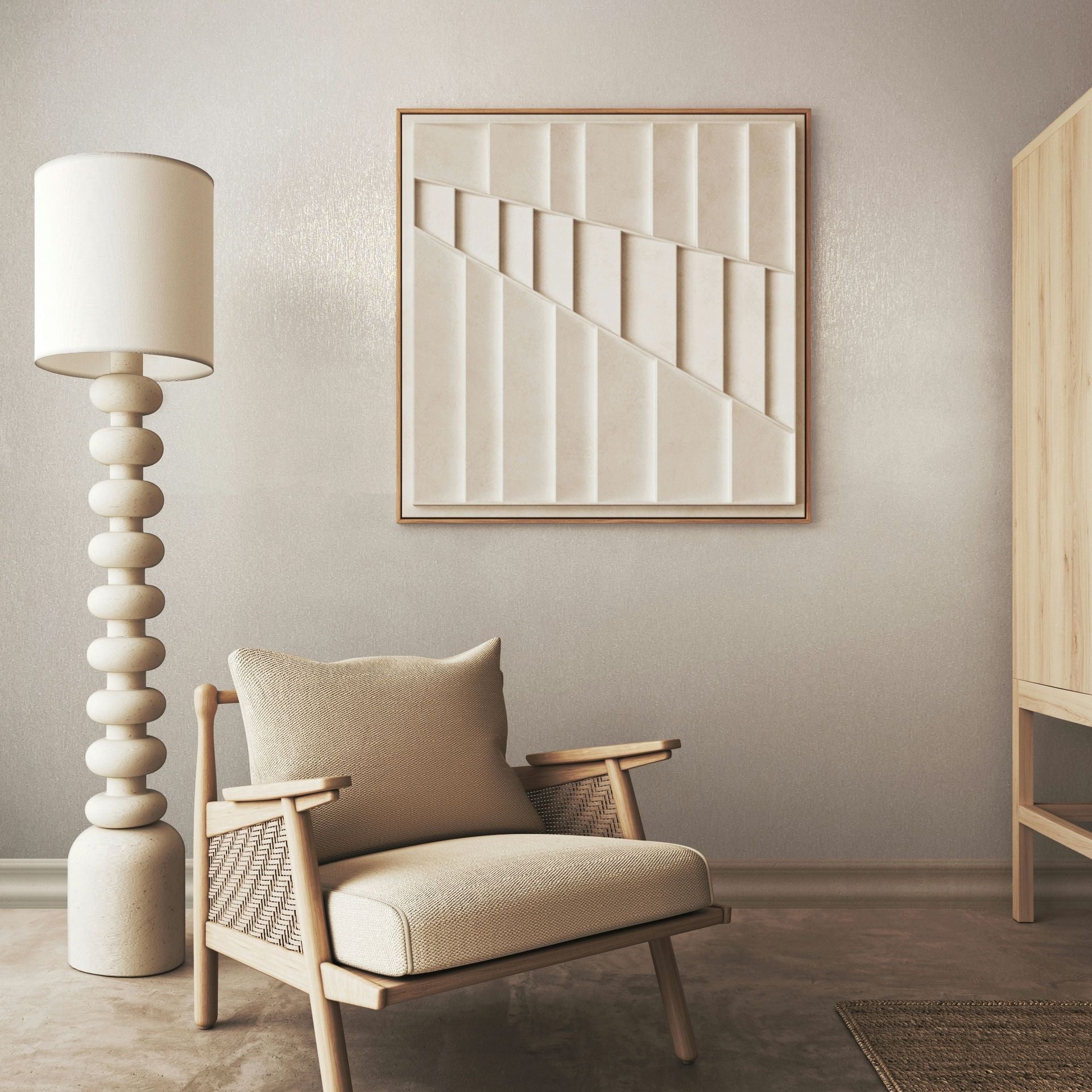 Marburg Naomi 82536 Light beige-gray textured wallpaper with a subtle shimmer wallpaper on a living room feature wall.
