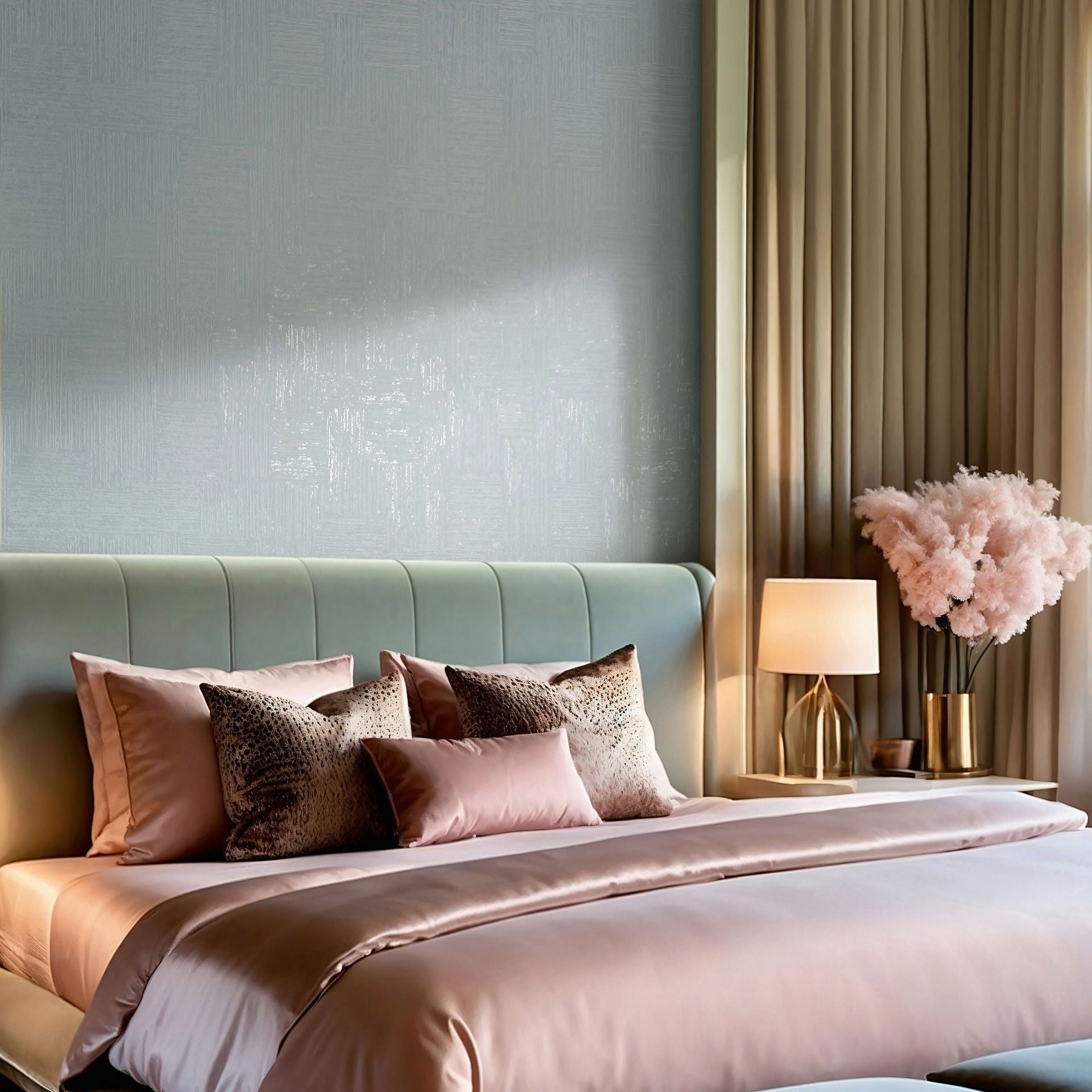 Marburg Naomi 82551 Light blue textured wallpaper with a subtle tonal block pattern behind a bed, with a bedside lamp, curtains, and a floral arrangement on a nightstand.