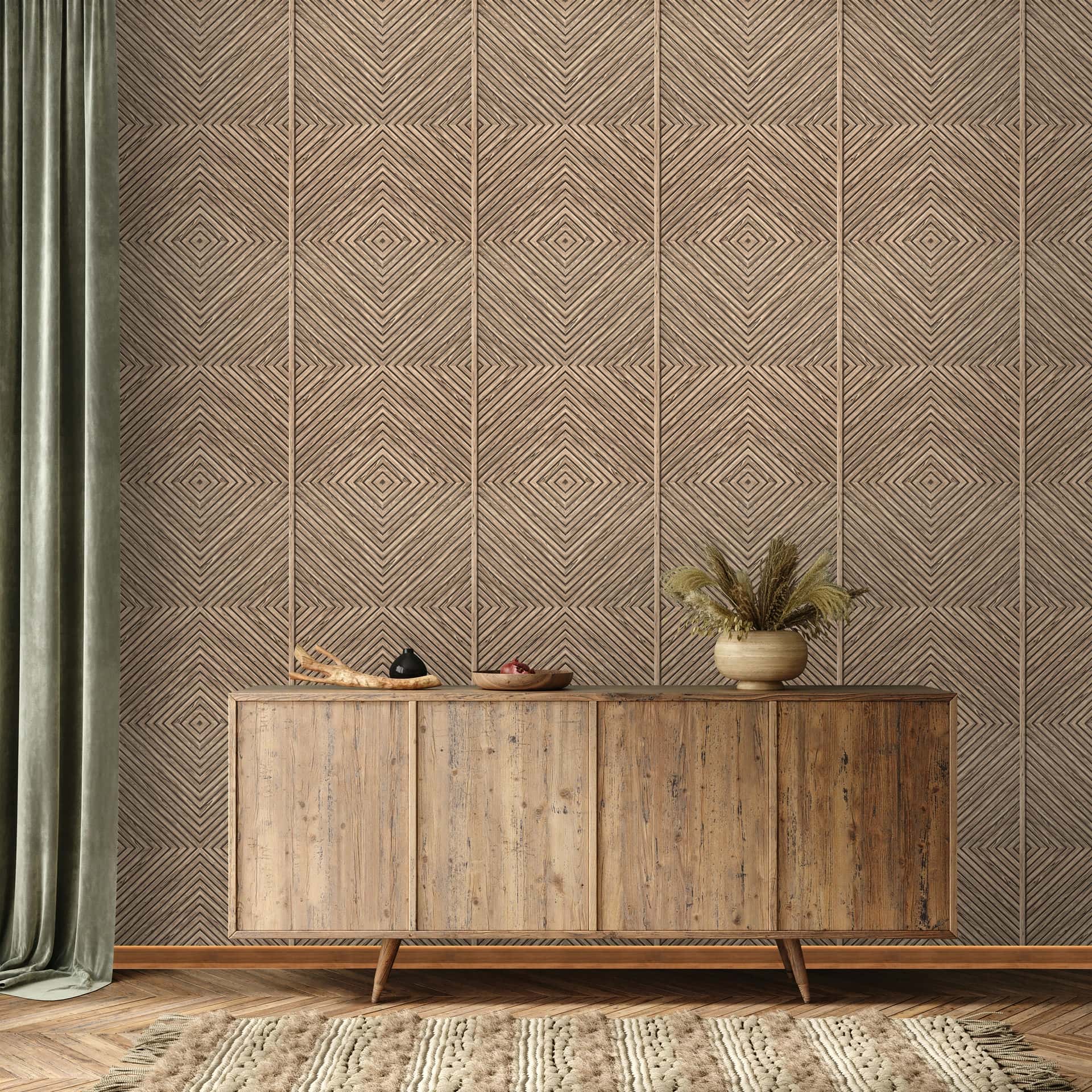 Marburg Naomi 89019 Room scene showing neutral geometric diamond line wallpaper behind a wood sideboard with a vase of dried grasses and small bowls, a green curtain at left, textured rug, and herringbone wood floor.
