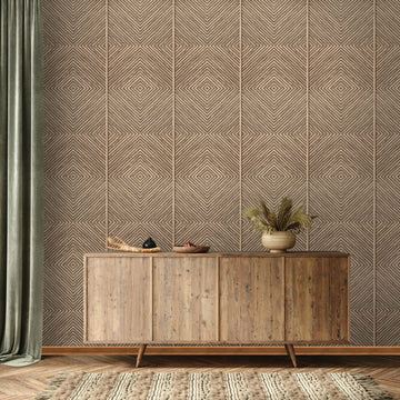 Marburg Naomi 89019 Room scene showing neutral geometric diamond line wallpaper behind a wood sideboard with a vase of dried grasses and small bowls, a green curtain at left, textured rug, and herringbone wood floor.