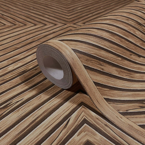 Marburg Naomi 89020 Wallpaper roll with a brown woodgrain-effect chevron stripe pattern, shown partially unrolled on the same design.