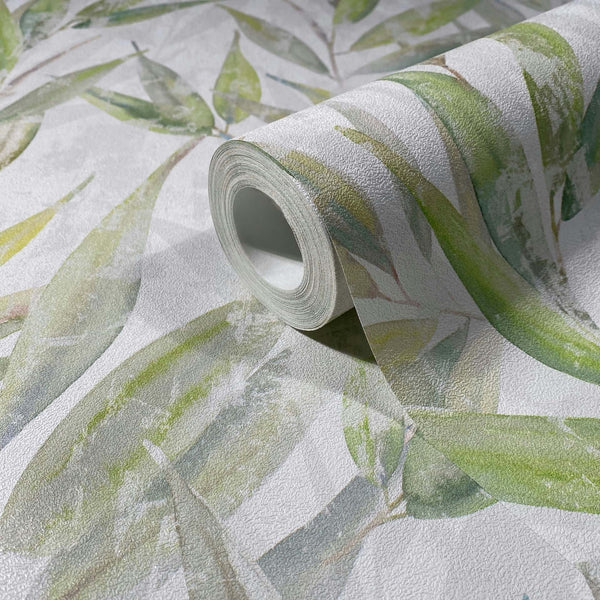 Marburg Naomi 89041 Wallpaper roll resting on matching surface with a green painterly leaf pattern on a light textured background.