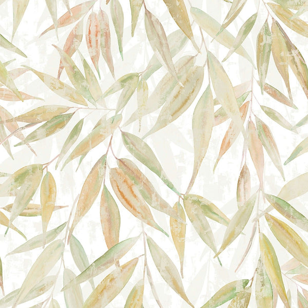 Marburg Naomi 89042 wallpaper with watercolor leafy branches in soft greens and warm yellow tones on a soft white ground.