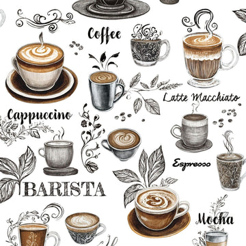 Marburg Naomi 89043 coffee cup and typography wallpaper in warm brown and charcoal on white