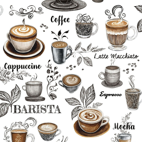 Marburg Naomi 89043 coffee cup and typography wallpaper in warm brown and charcoal on white