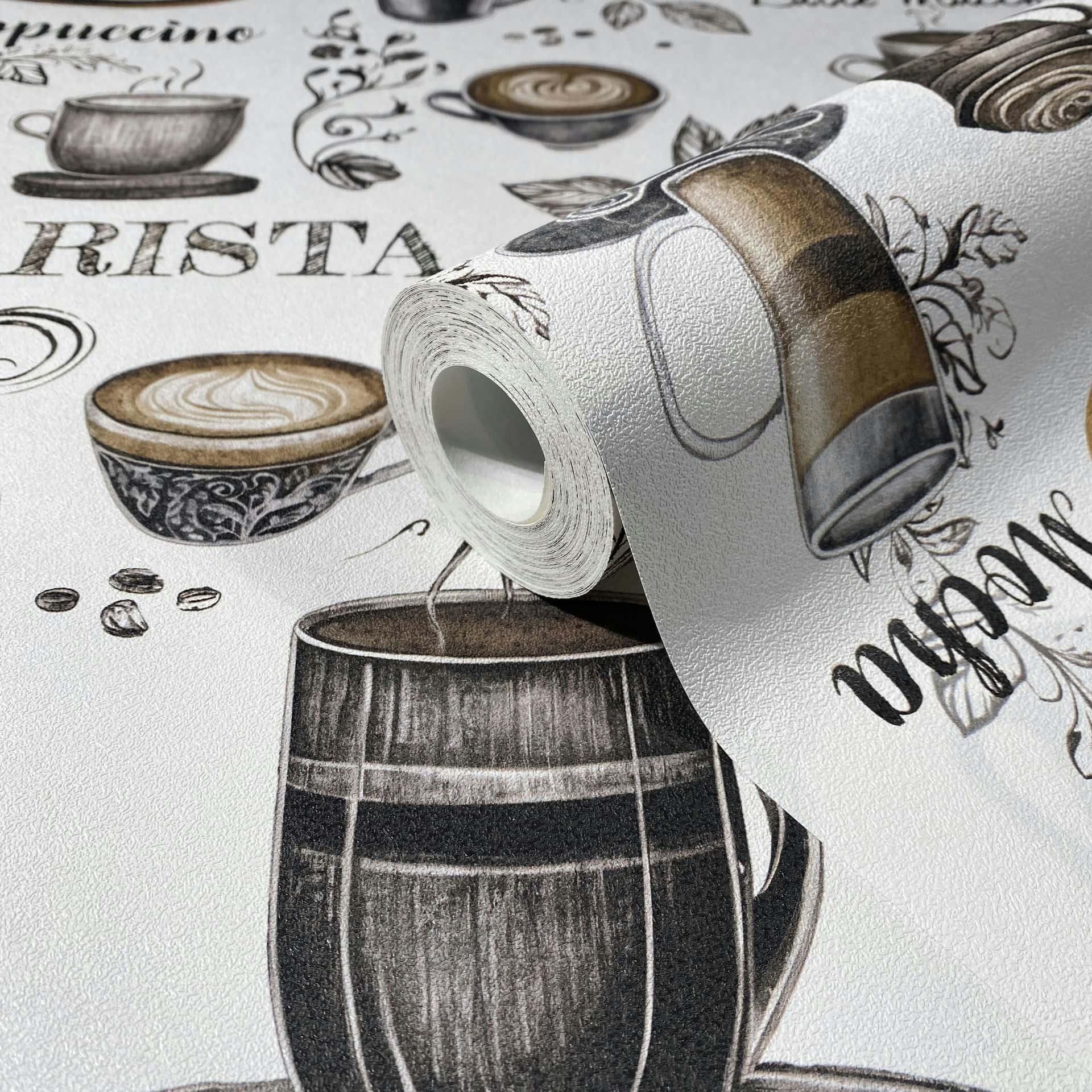 Marburg Naomi 89043 Coffee-themed illustrated pattern with cups, mugs, beans, and script text in brown and black on a白e, wallpaper roll showing its textured surface and finish.