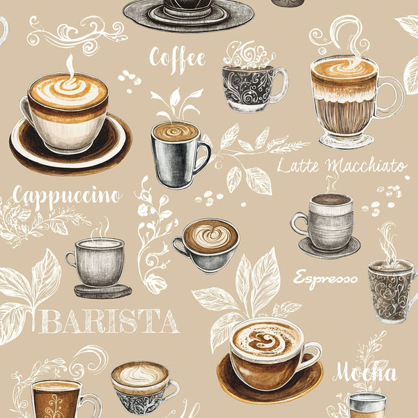 Marburg Naomi 89044 wallpaper with hand-drawn coffee cups and script on a warm beige background