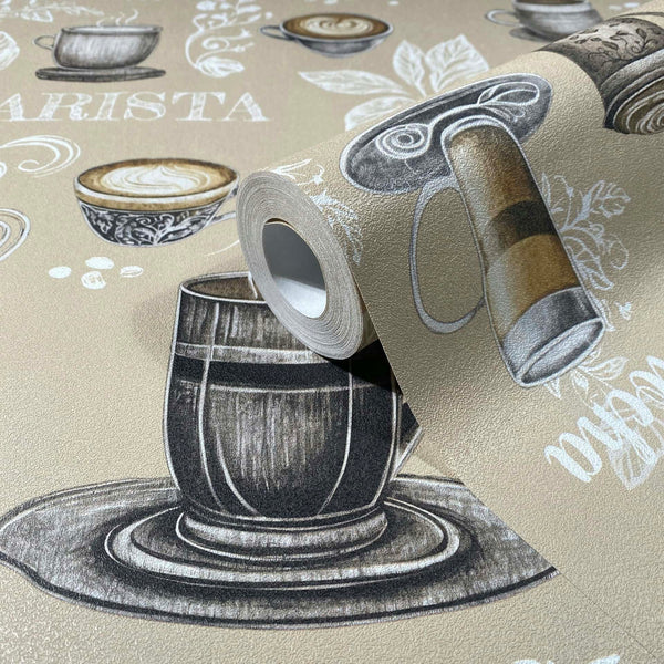 Marburg Naomi 89044 Wallpaper roll displayed on matching beige wallpaper featuring illustrated coffee cups on saucers, an espresso portafilter, leaves, and script lettering; textured surface.