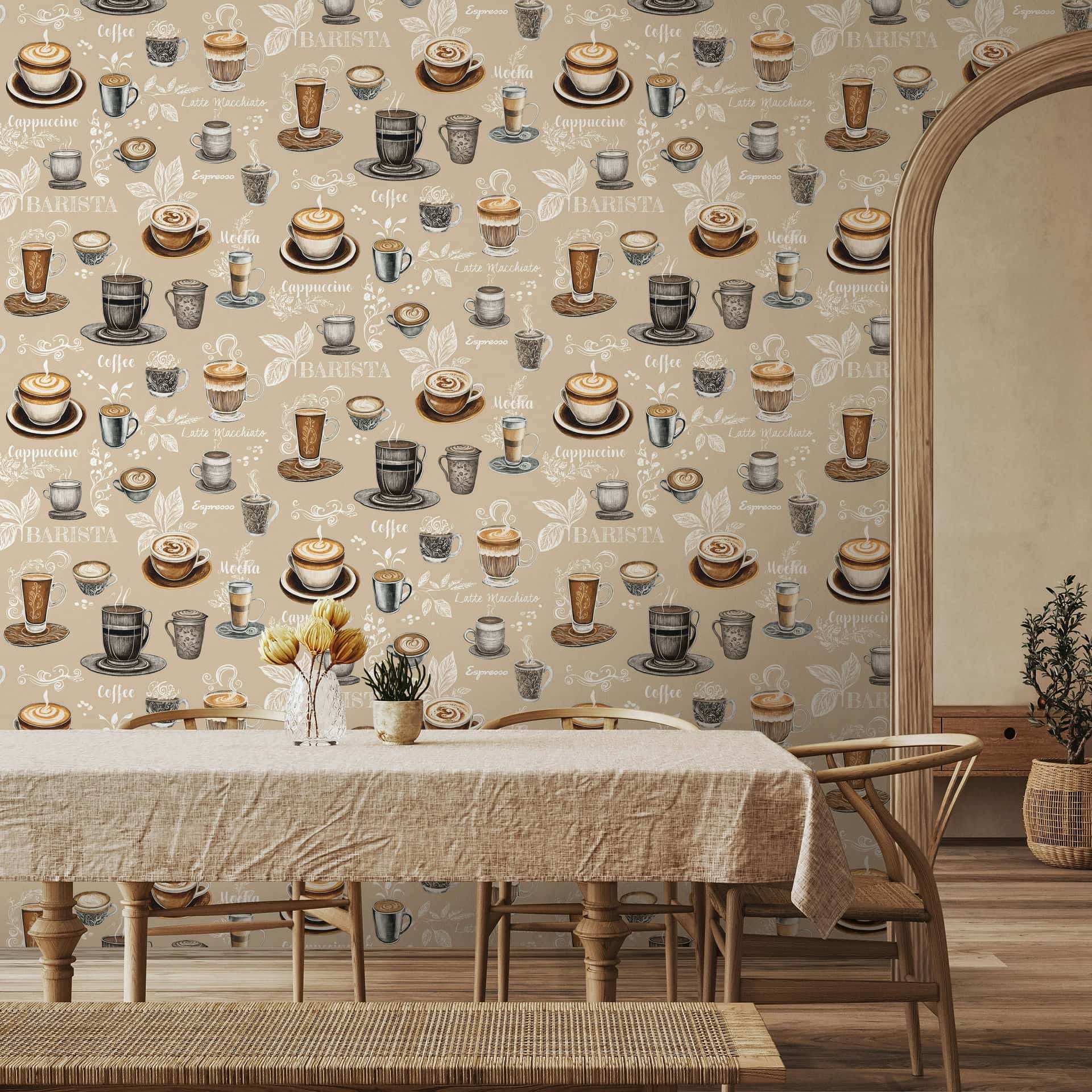 Marburg Naomi 89044 Beige wallpaper printed with coffee cups, mugs, and latte art along with scripted coffee names and leaf sketches, shown behind a dining table and chairs near an arched doorway.