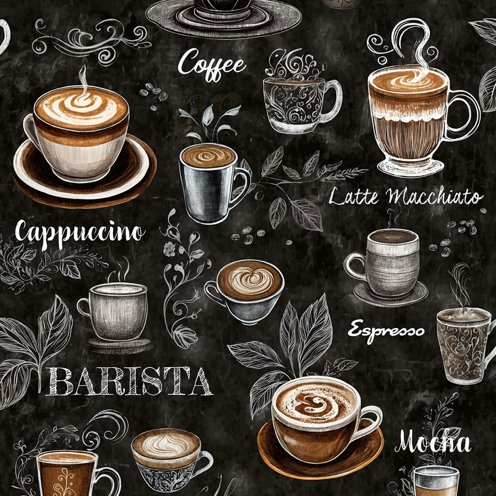 Marburg Naomi 89045 wallpaper with hand-drawn coffee cups and chalk lettering on a deep dark-brown background.