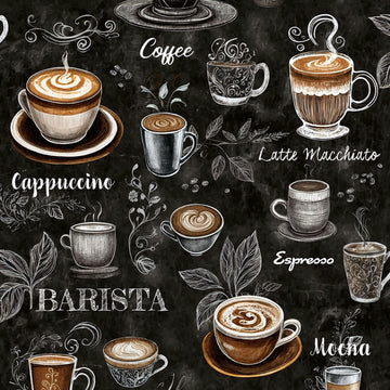 Marburg Naomi 89045 wallpaper with hand-drawn coffee cups and chalk lettering on a deep dark-brown background.