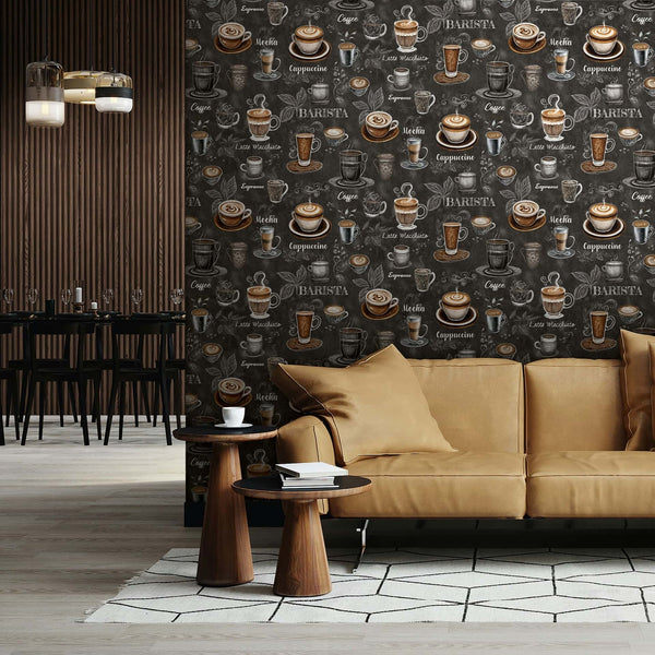 Marburg Naomi 89045 Coffee-themed wallpaper with hand‑drawn cups and coffee names on a dark background creates a feature wall behind a brown sofa with round wood side tables and a light rug; a slatted wall and dining area with pendant lights appear to the left.