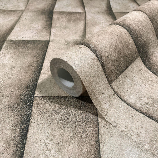 Marburg Novamur Mona 81648 Wallpaper roll resting on matching surface with a beige speckled design and dark shading that forms wavy 3D panels.