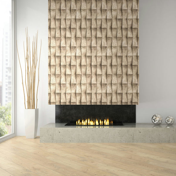 Marburg Novamur Mona 81648 Living room scene with a beige 3D-effect geometric wallpaper panel above a modern fireplace, concrete hearth, tall white planter with sticks, two faceted decorative spheres on the ledge, wood floor, and a large window.