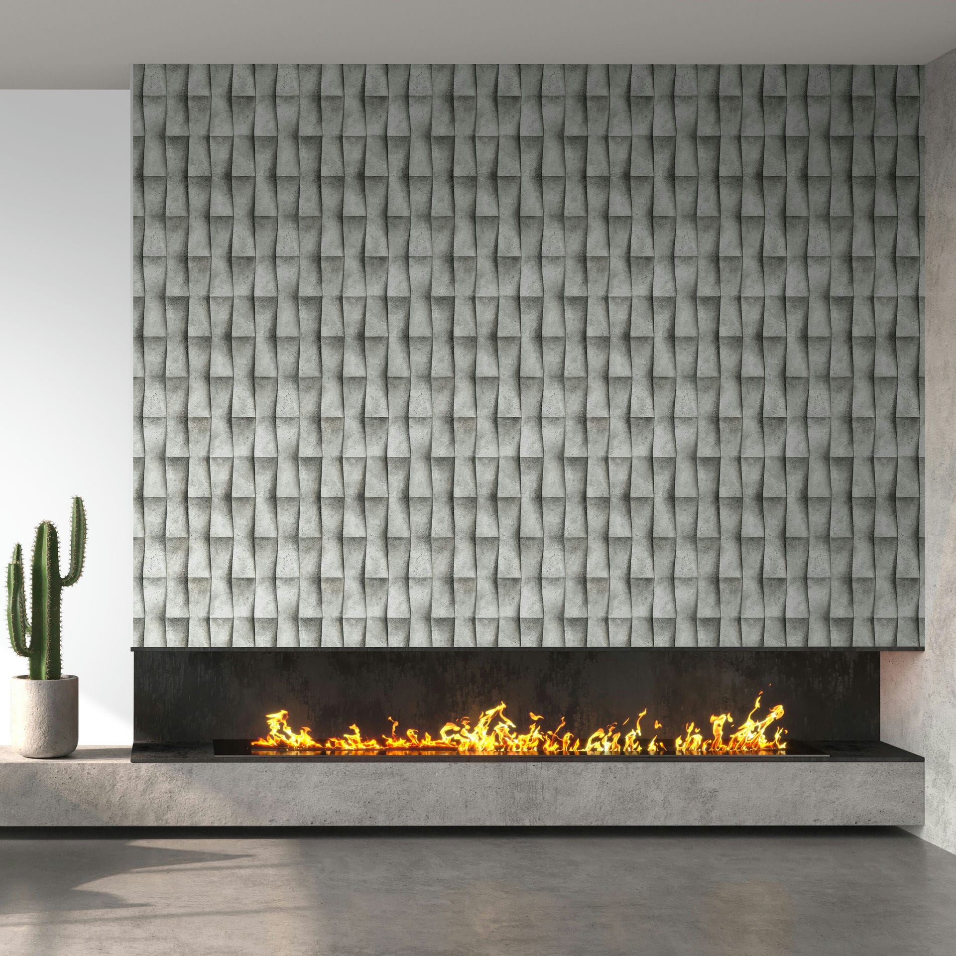 Marburg Novamur Mona 81651 Installed gray geometric 3D‑effect wallpaper shown as a feature panel above a long linear fireplace with visible flames; a potted cactus sits on the concrete hearth.