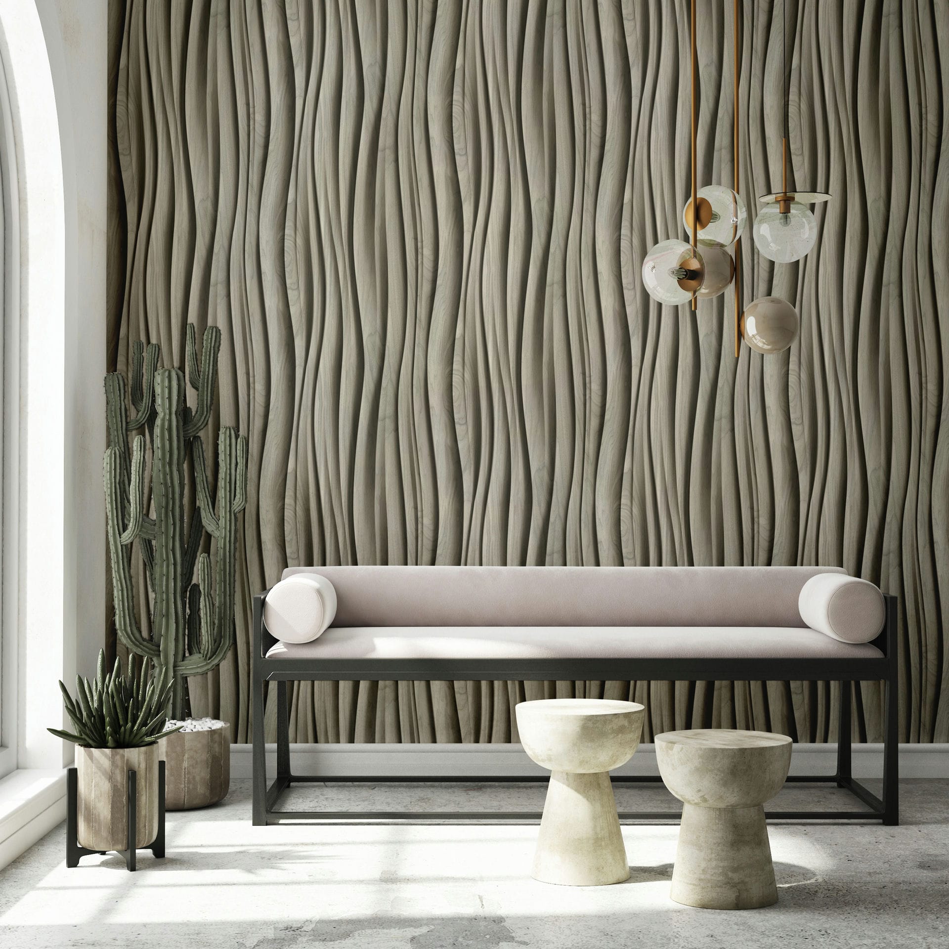 Marburg Novamur Mona 81665 Beige and brown wavy vertical stripe wallpaper shown in a room with a modern bench, pendant lights, and potted cacti.