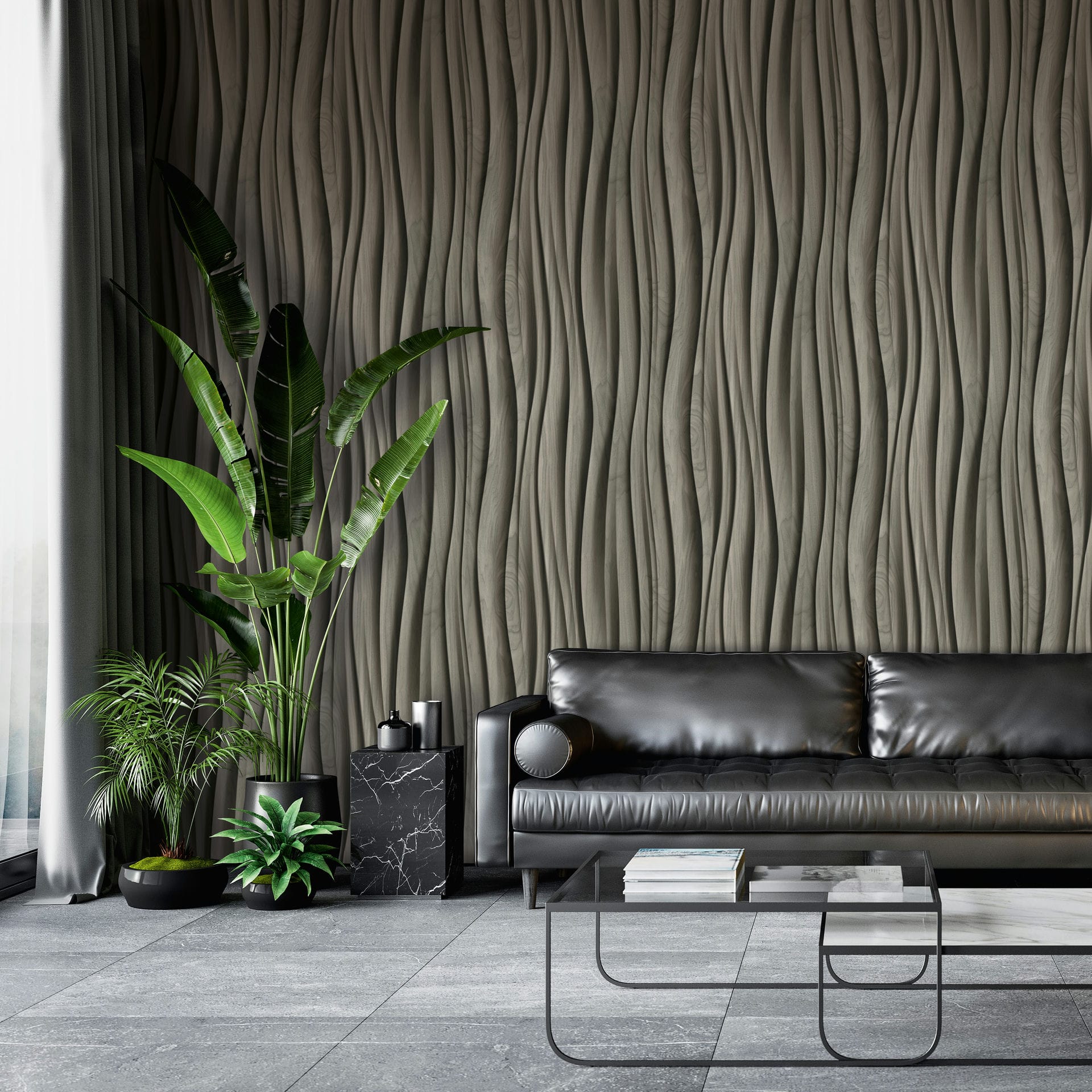 Marburg Novamur Mona 81665 Vertical wavy-texture beige‑brown wallpaper behind a black leather sofa, glass coffee table, and potted plants in a modern living room.