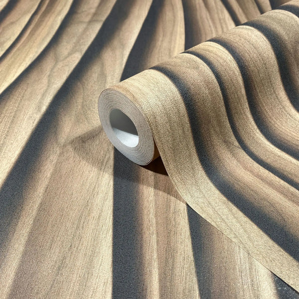 Marburg Novamur Mona 81667 Close-up of a wallpaper roll on matching unrolled paper showing a brown and charcoal wavy stripe pattern.