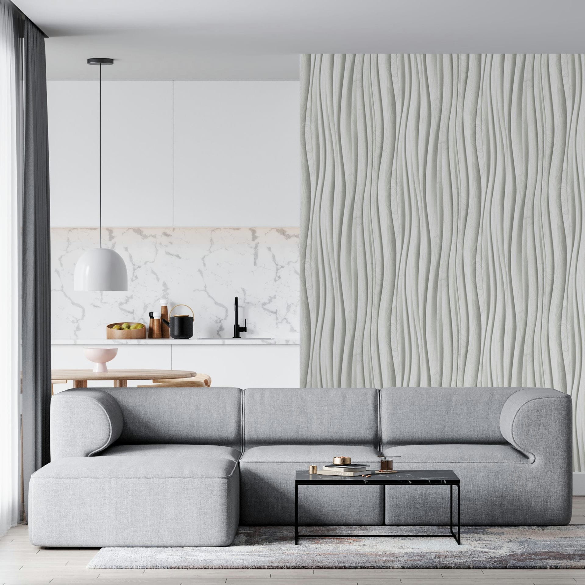 Marburg Novamur Mona 81669 Light grey wallpaper with vertical wavy stripes and tonal shading creating an undulating effect wallpaper on a living room feature wall.