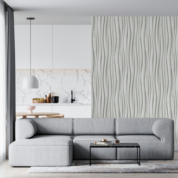 Marburg Novamur Mona 81669 Light grey wallpaper with vertical wavy stripes and tonal shading creating an undulating effect wallpaper on a living room feature wall.