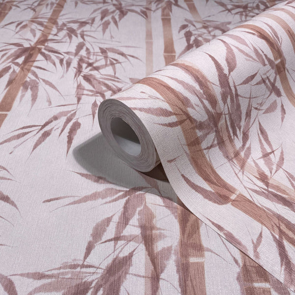 Marburg Novamur Mona 81670 A roll of wallpaper on a matching unrolled sheet featuring a beige and orange bamboo pattern with a subtle texture.