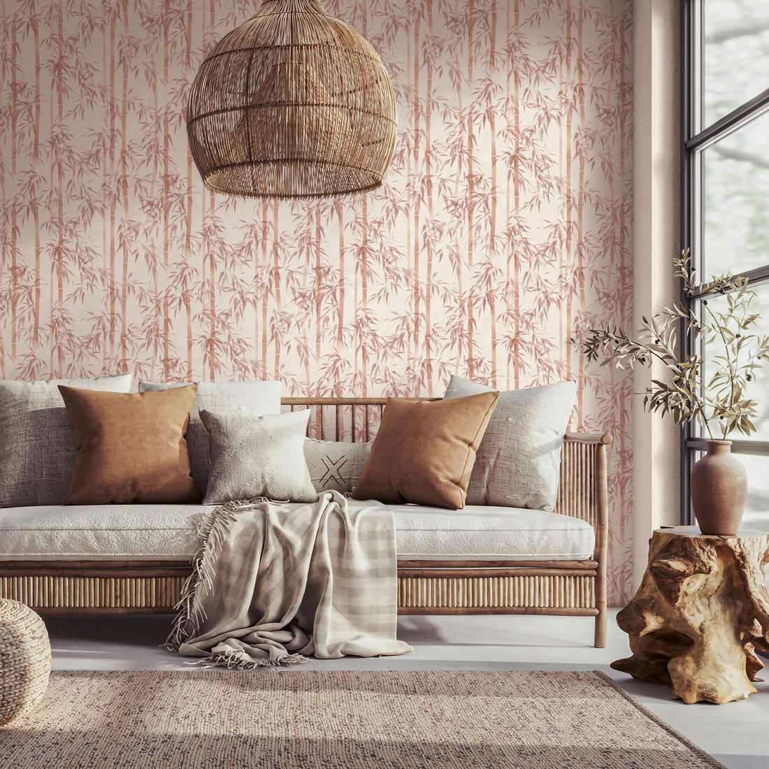 Marburg Novamur Mona 81670 blush pink bamboo botanical wallpaper on a warm beige ground