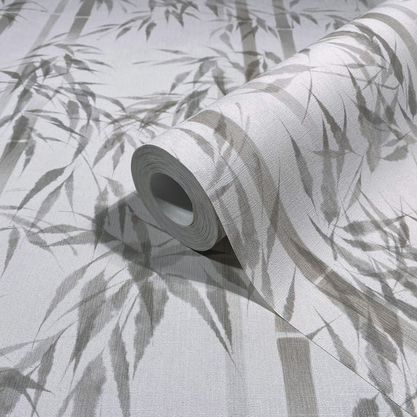 Marburg Novamur Mona 81671 Rolled wallpaper on a matching sheet featuring gray bamboo leaves and stems on a light background.