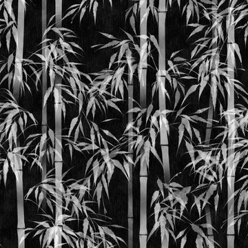 Marburg Novamur Mona 81672 bamboo wallpaper in black and white with charcoal grey bamboo stalks and leaves.