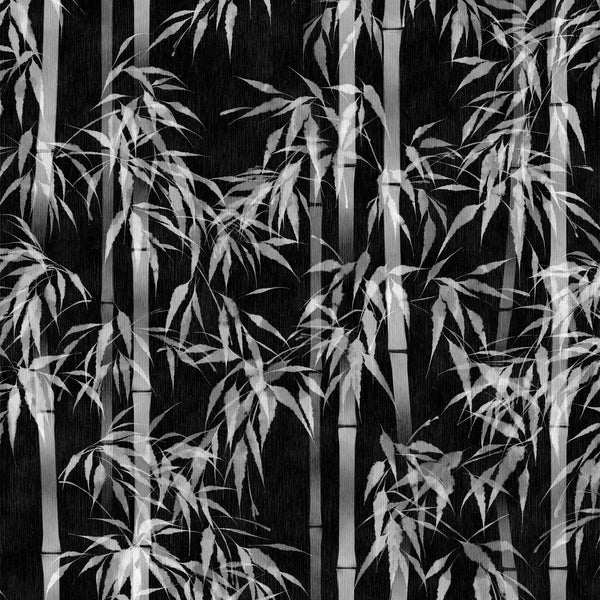 Marburg Novamur Mona 81672 bamboo wallpaper in black and white with charcoal grey bamboo stalks and leaves.
