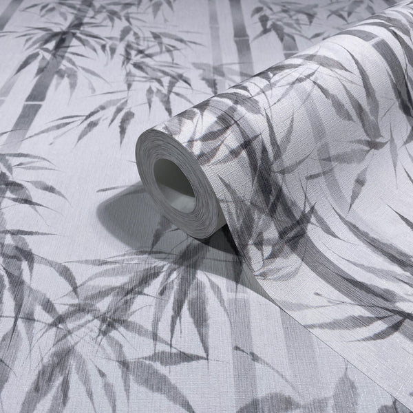 Marburg Novamur Mona 81673 Wallpaper roll with a grey bamboo leaf and stalk pattern on a light textured background, shown partially unrolled.