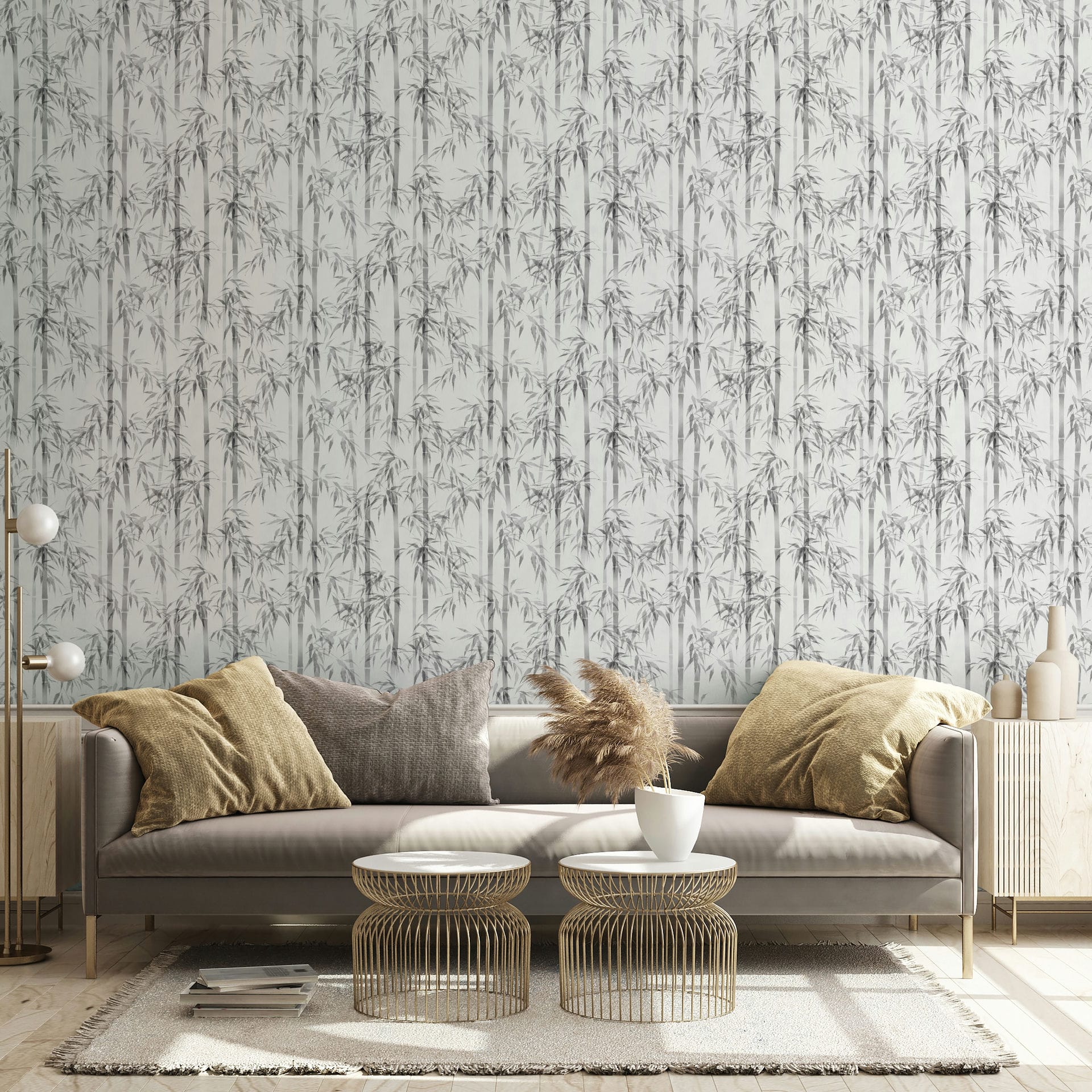 Marburg Novamur Mona 81673 Grey bamboo stalks with leaves on a white ground, vertically arranged in a repeating pattern wallpaper on a living room feature wall.