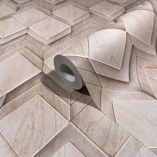 Marburg Novamur Mona 81675 A wallpaper roll resting on the same wallpaper, featuring a beige 3D‑effect geometric design of layered squares and diamonds with subtle shading.