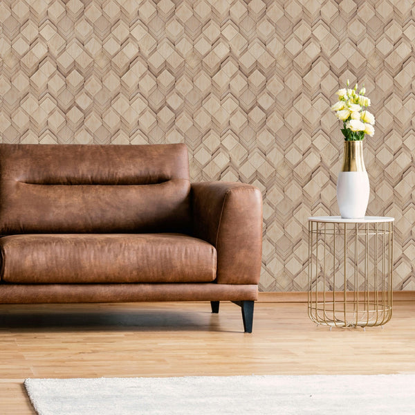 Marburg Novamur Mona 81675 Beige geometric woodgrain wallpaper behind a brown leather sofa and a round metal side table with a white vase of flowers.