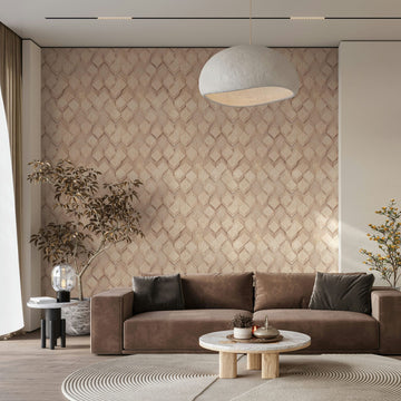 Marburg Novamur Mona 81675 Living room with beige geometric patterned wallpaper behind a brown sofa, round coffee table, dome pendant light, side table with a glass lamp, rug, curtains, and potted plants.