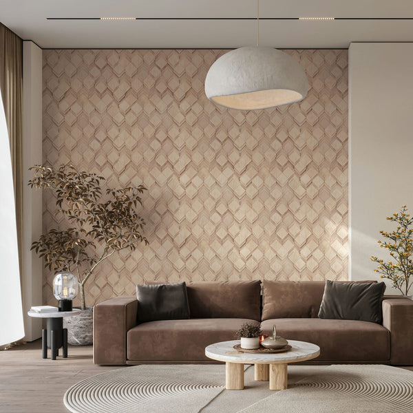 Marburg Novamur Mona 81675 Living room with beige geometric patterned wallpaper behind a brown sofa, round coffee table, dome pendant light, side table with a glass lamp, rug, curtains, and potted plants.