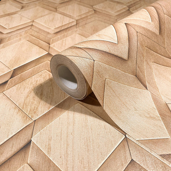 Marburg Novamur Mona 81676 Wallpaper roll on matching surface showing a beige and brown 3D geometric pattern with layered squares and chevron shapes and a subtle woodgrain effect.