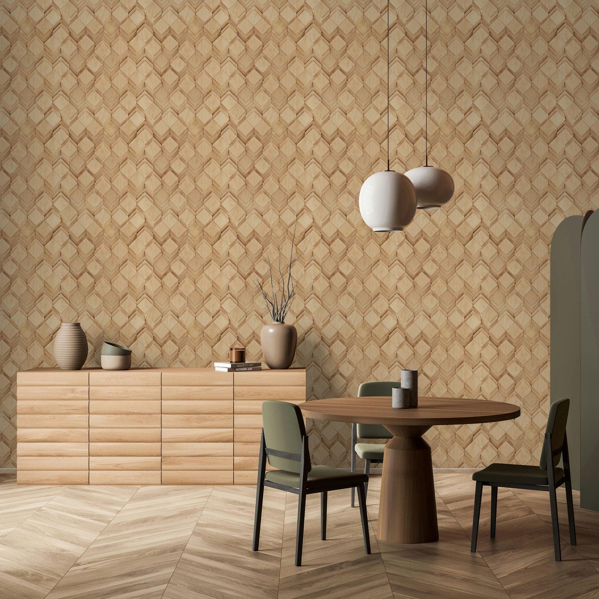 Marburg Novamur Mona 81676 Beige and brown geometric wood-look wallpaper on a dining room wall, shown with a round wooden table, three chairs, a low sideboard with vases and books, two pendant lights, a room divider, and wood flooring.