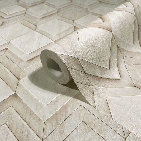 Marburg Novamur Mona 81678 Close-up of a beige geometric wallpaper roll with a 3D beveled square and diamond pattern on the matching unrolled wallpaper.
