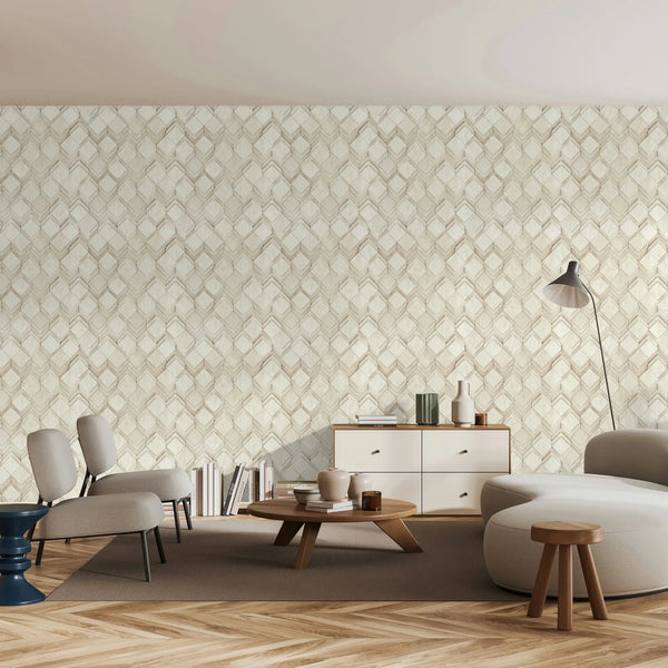Marburg Novamur Mona 81678 Living room featuring beige and white geometric patterned wallpaper, a round wood coffee table, low seating, a sideboard with decor, and a floor lamp.