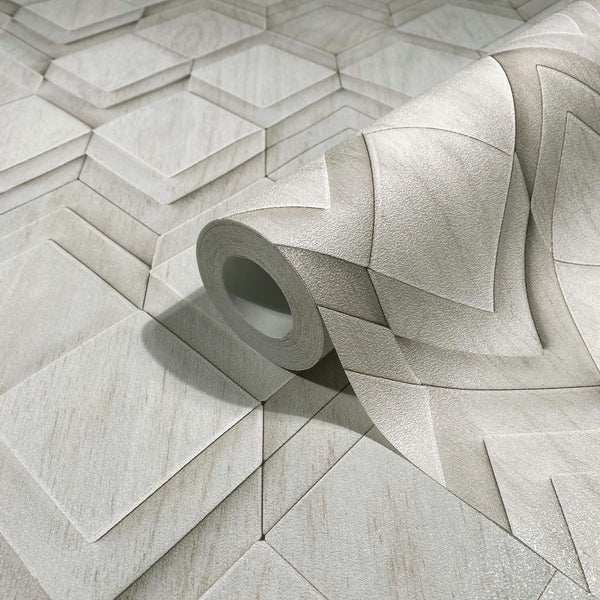 Marburg Novamur Mona 81679 A wallpaper roll resting on matching wallpaper, showing a light grey and white layered geometric pattern with a subtle 3D textured effect.
