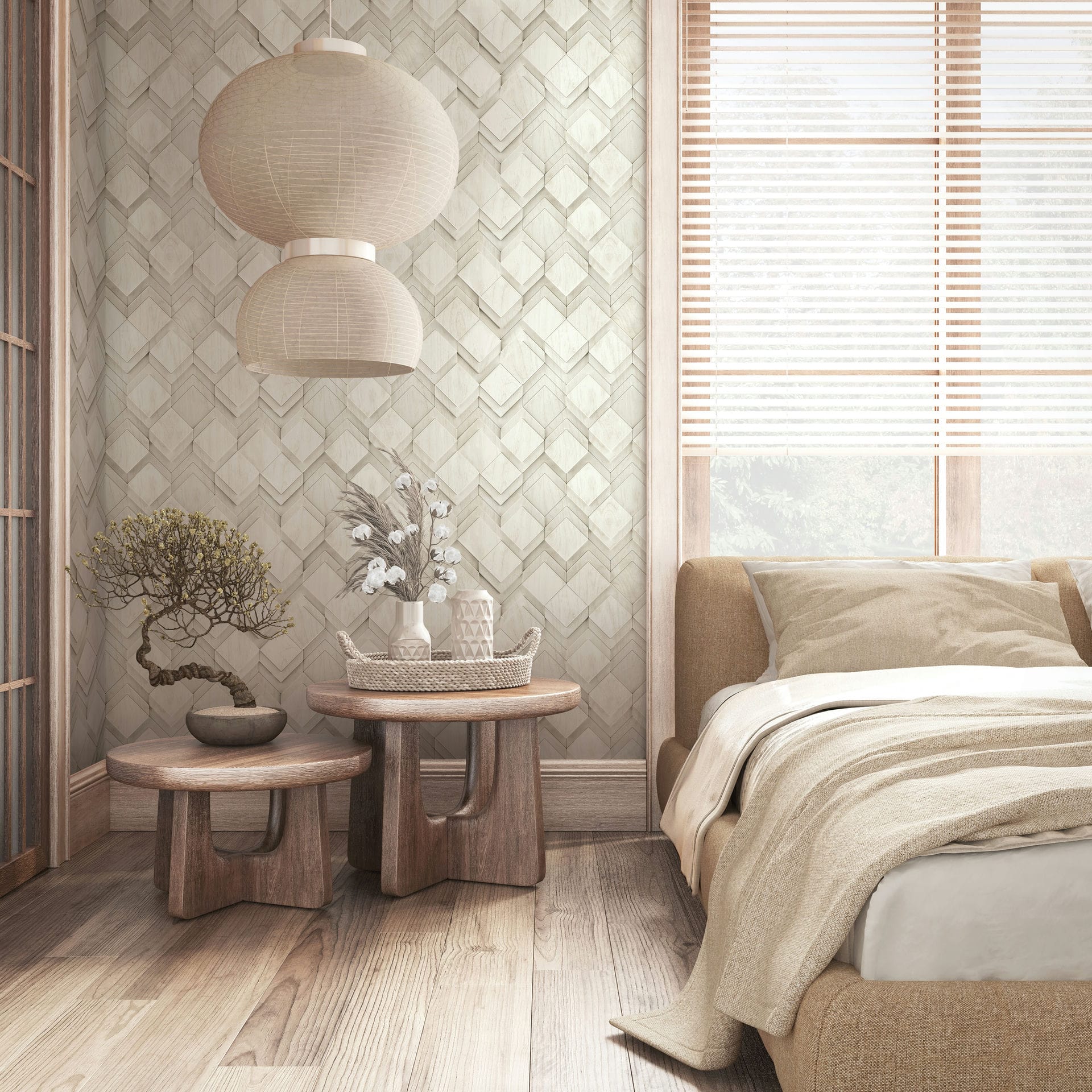 Marburg Novamur Mona 81679 Bedroom scene showing light herringbone-pattern wallpaper behind two round wooden side tables with a bonsai and decorative items, an upholstered bed, stacked pendant lights, and a window with blinds.