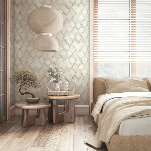 Marburg Novamur Mona 81679 Bedroom scene showing light herringbone-pattern wallpaper behind two round wooden side tables with a bonsai and decorative items, an upholstered bed, stacked pendant lights, and a window with blinds.