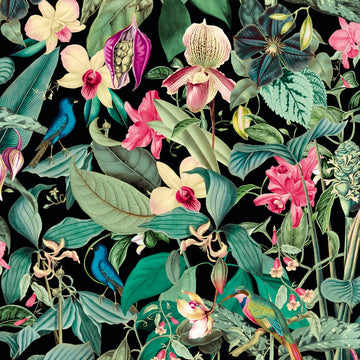 Marburg Novamur Mona 81685 botanical wallpaper with green leaves and pink flowers on a deep backdrop.