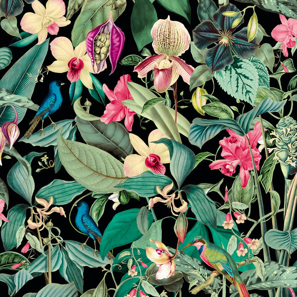Marburg Novamur Mona 81685 botanical wallpaper with green leaves and pink flowers on a deep backdrop.
