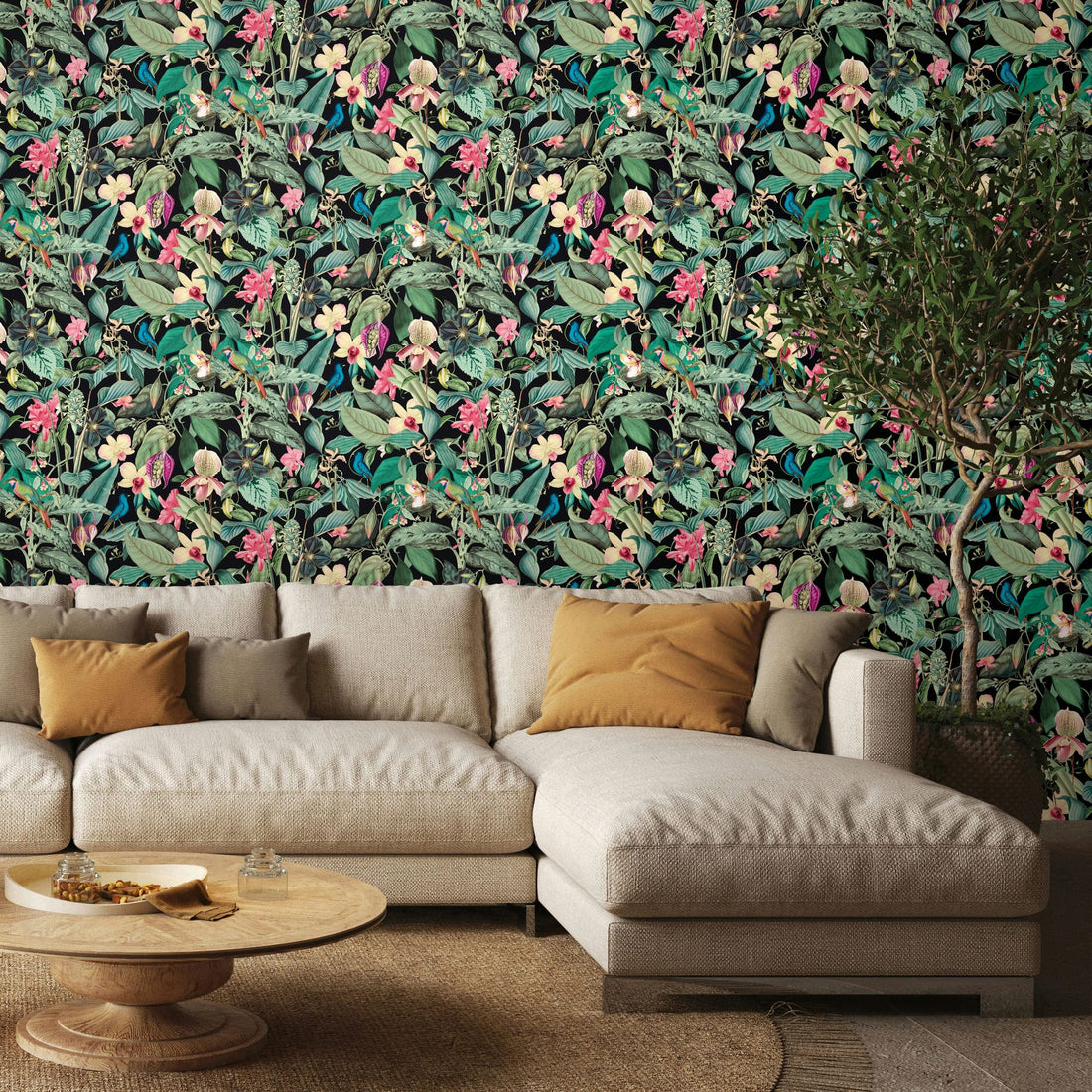 Marburg Novamur Mona 81685 botanical wallpaper with green leaves and pink flowers on a deep backdrop.