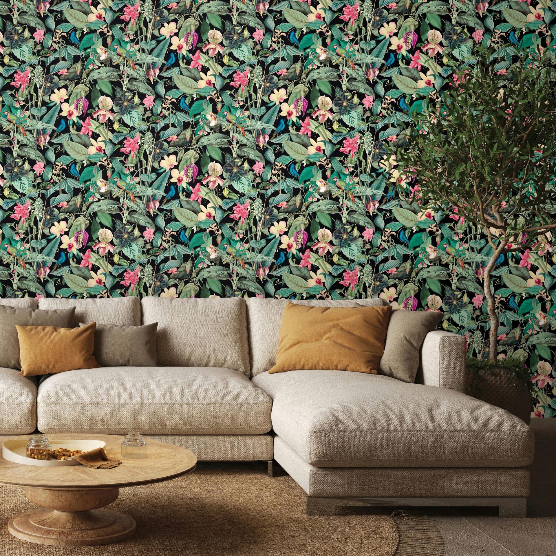 Marburg Novamur Mona 81685 Dense tropical botanical print with layered green leaves, pink and yellow flowers, and small birds,, wallpaper on a living room feature wall.