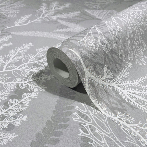 Marburg Novamur Mona 81687 Close-up of a gray textured wallpaper roll with white botanical leaf and branch pattern on a matching wallpaper surface.