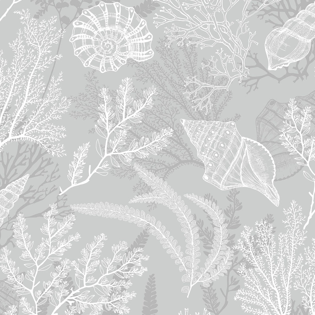 Marburg Novamur Mona 81687 grey and white coastal coral and shell wallpaper