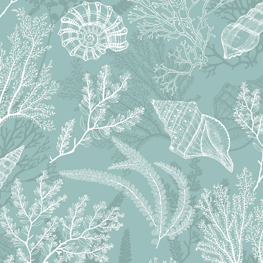 Marburg Novamur Mona 81688 sage green wallpaper with white coral, seaweed and shell illustrations